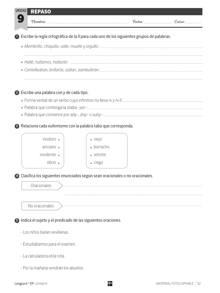 Repaso de Lengua 6.º EP: Unidad 9 y 10 | PDF | Verbo | Asunto (gramática)