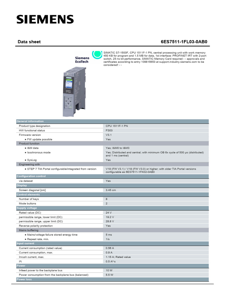 SIMATIC S7-1500F CPU 1511F-1 PN Data Sheet | PDF | Computing | Computer ...