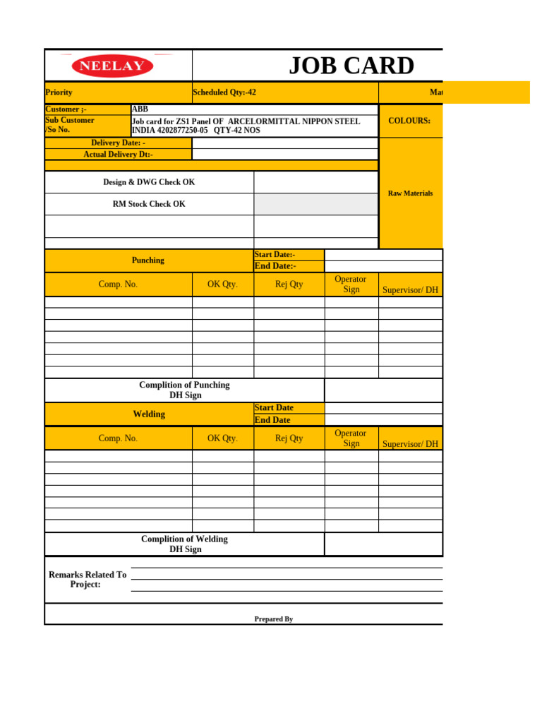 Job Card For Zs1 Panel of Arcelormittal Nippon Steel India 4202877250 ...