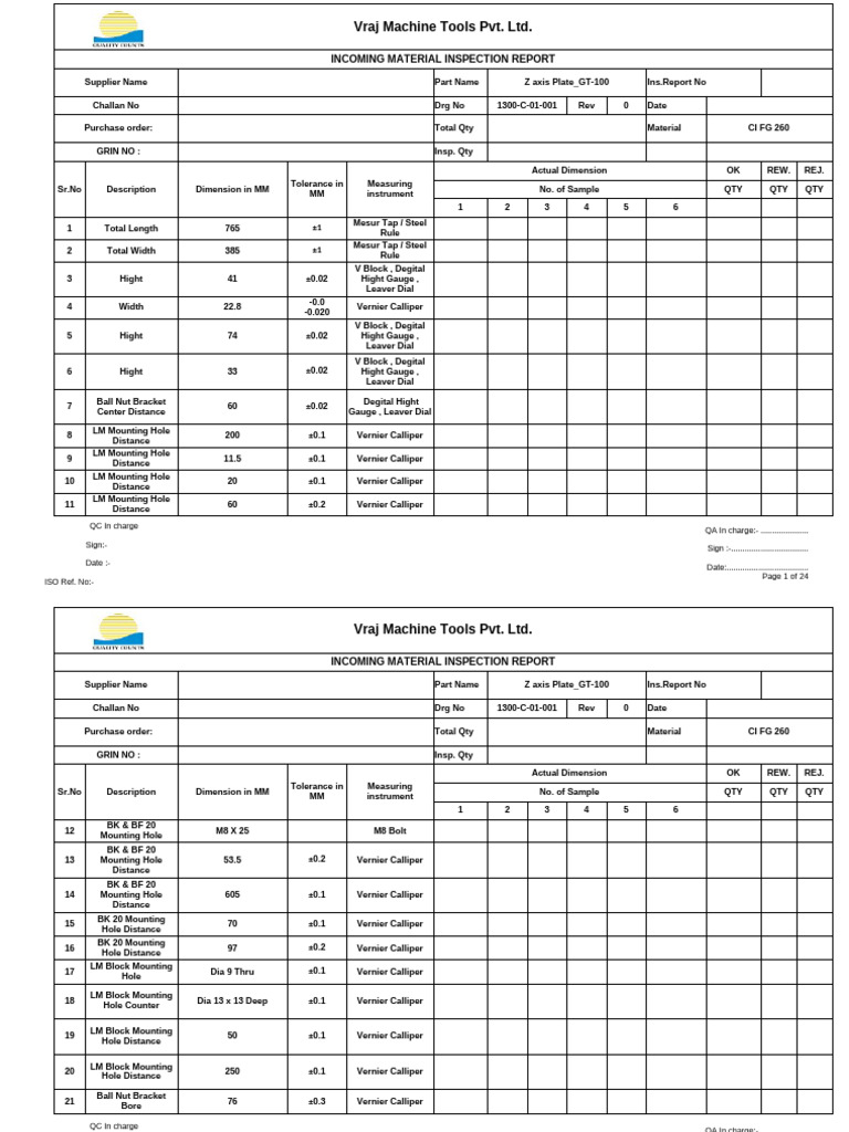 Inspection Report - GT - 100 | PDF | Engineering Tolerance | Screw