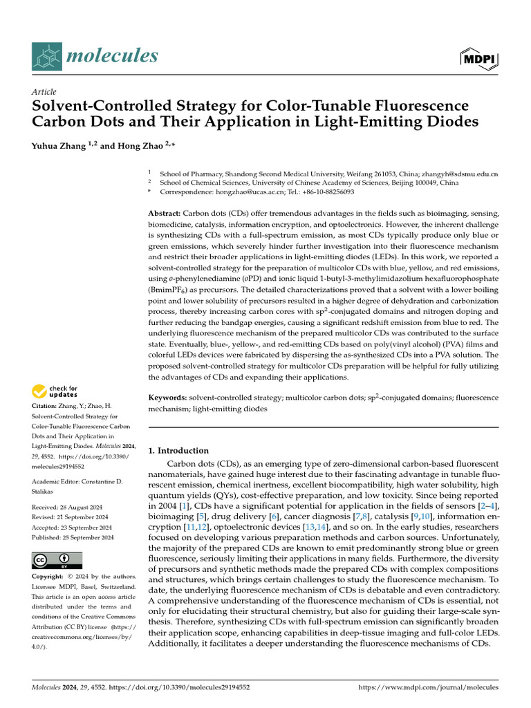 Color-Tunable Carbon Dots for LEDs | PDF | Fluorescence | Light ...