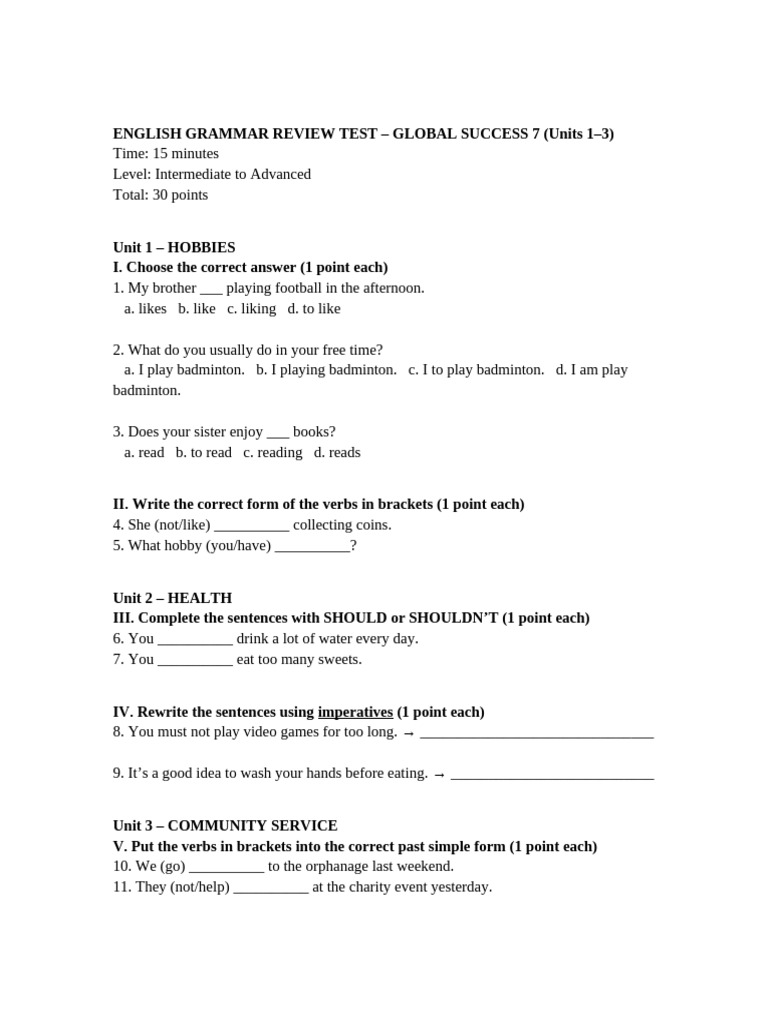 English Grammar Review Test: Units 1-3 | PDF | Linguistic Morphology ...