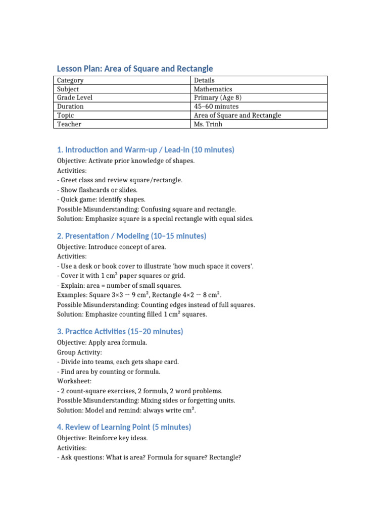 Area of Square and Rectangle Lesson Plan | PDF | Area | Classroom