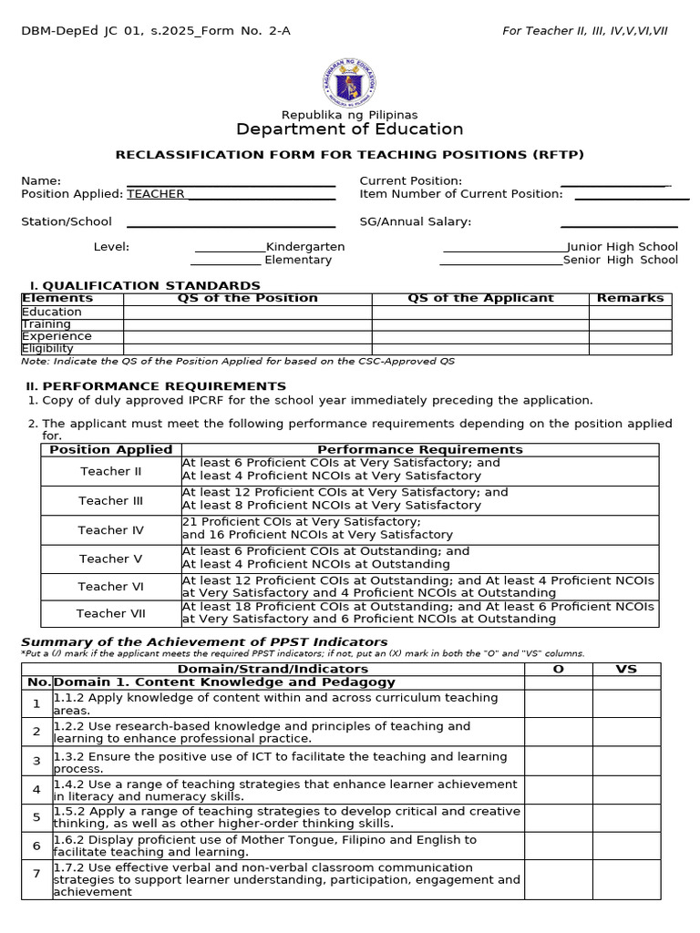 RFTP Reclassification Form for Teachers | PDF | Learning | Educational ...