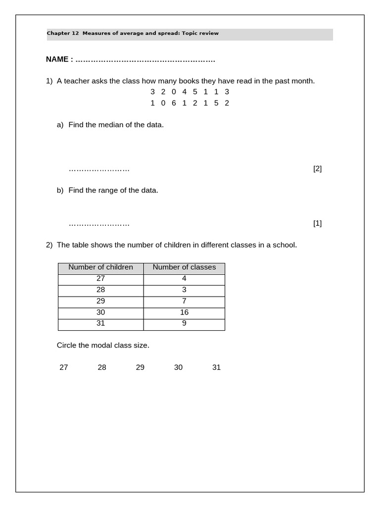 Measures of Average and Spread Review | PDF