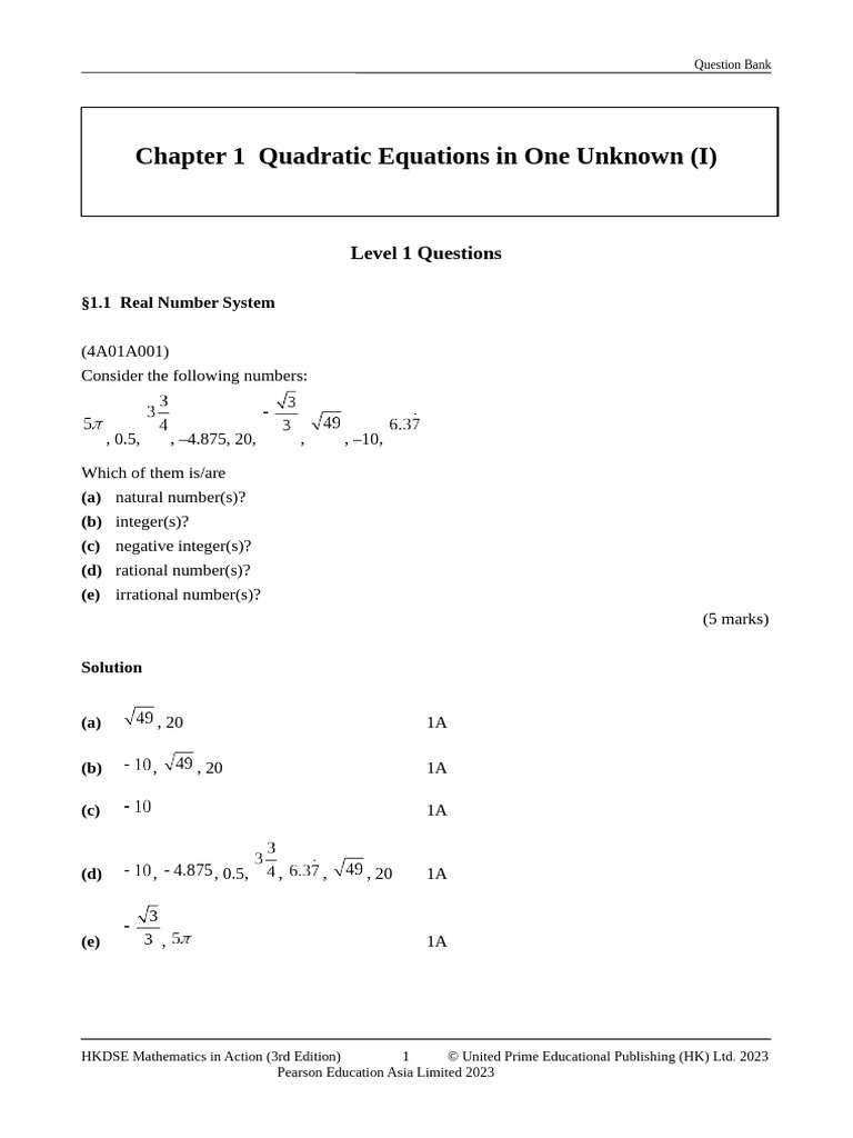 Hkdse Mia 3e QBW 4a01 Qs Sol Eng | PDF | Numbers | Quadratic Equation