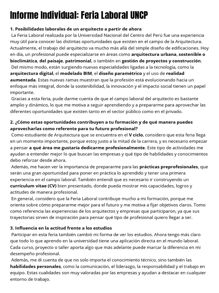 Informe Individual Feria Laboral UNCP | PDF | Arquitecto | Sustentabilidad