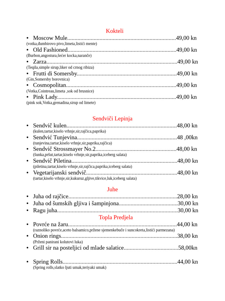 Meni Restorana | PDF