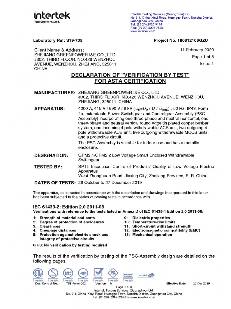 GP Low Voltage Switchgear GPM2.1-2.2 ASTA Type Test Report | PDF