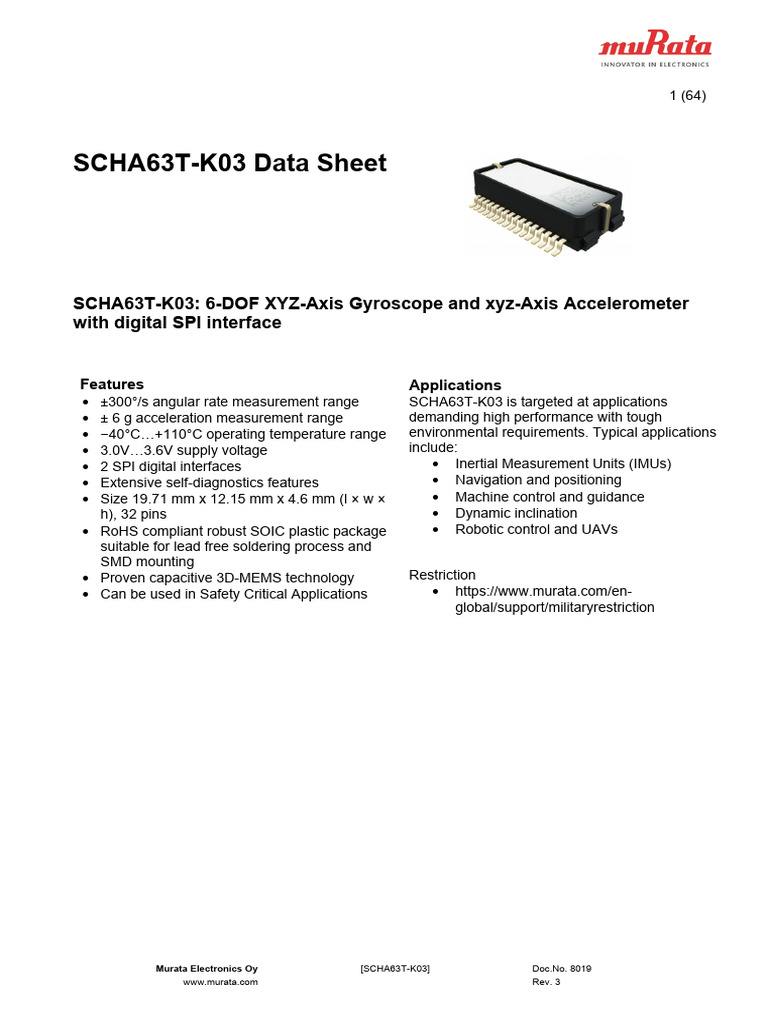 Data Sheet 8019 Rev.3 SCHA63T-K03 Datasheet 6-DOF ENG (ID 106923) | PDF ...