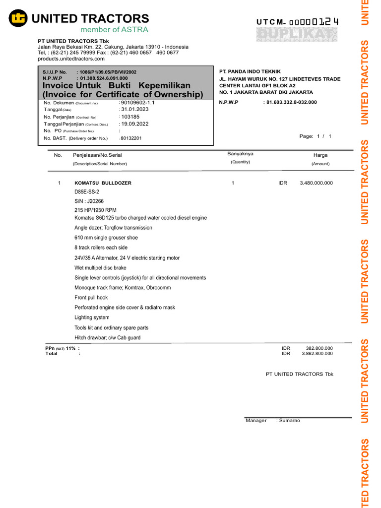 Invoice for Komatsu Bulldozer Ownership | PDF | Tractor | Heavy Equipment