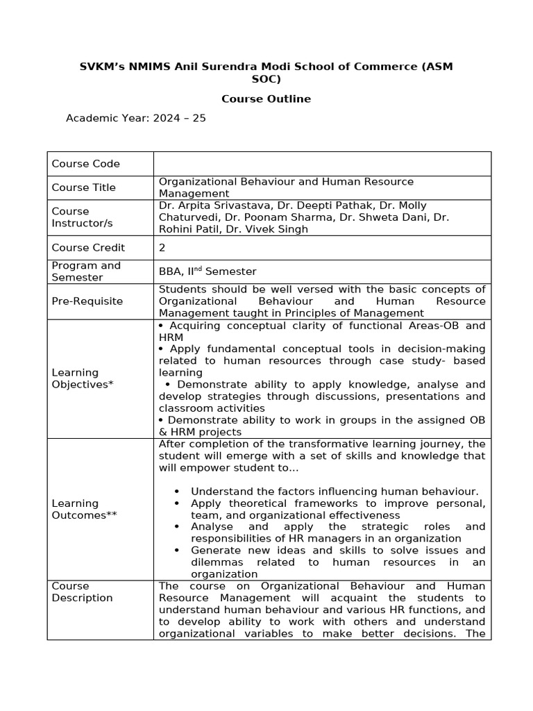 Organizational Behavior & HRM Course Outline | PDF | Human Resource ...