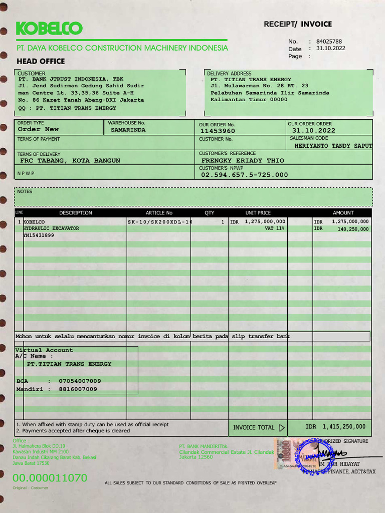 Invoice Kobelco TITIAN FIX | PDF | Receipt | Payments