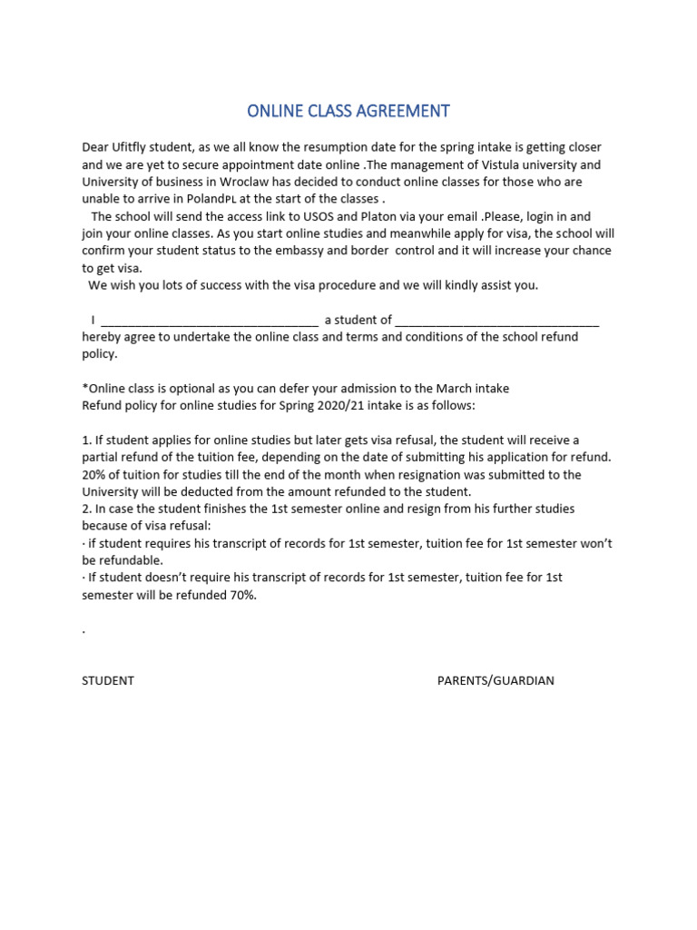 Online Class Agreement for Ufitfly Students | PDF