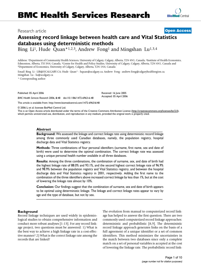 Assessing Record Linkage Between Health Care and Vital Statistics ...