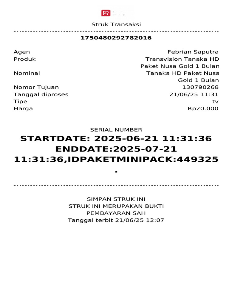 Struk Pulsa Laporan Transaksi 1750482426389 | PDF