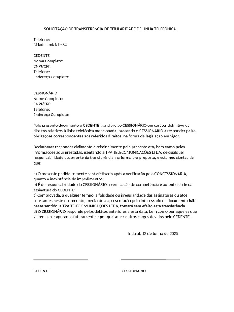 Transferência de Titularidade Telefônica | PDF