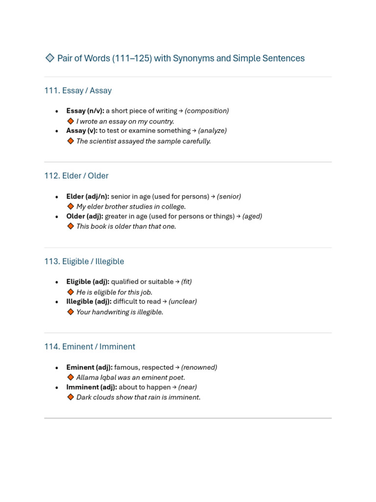 Words with Synonyms and Sentences | PDF