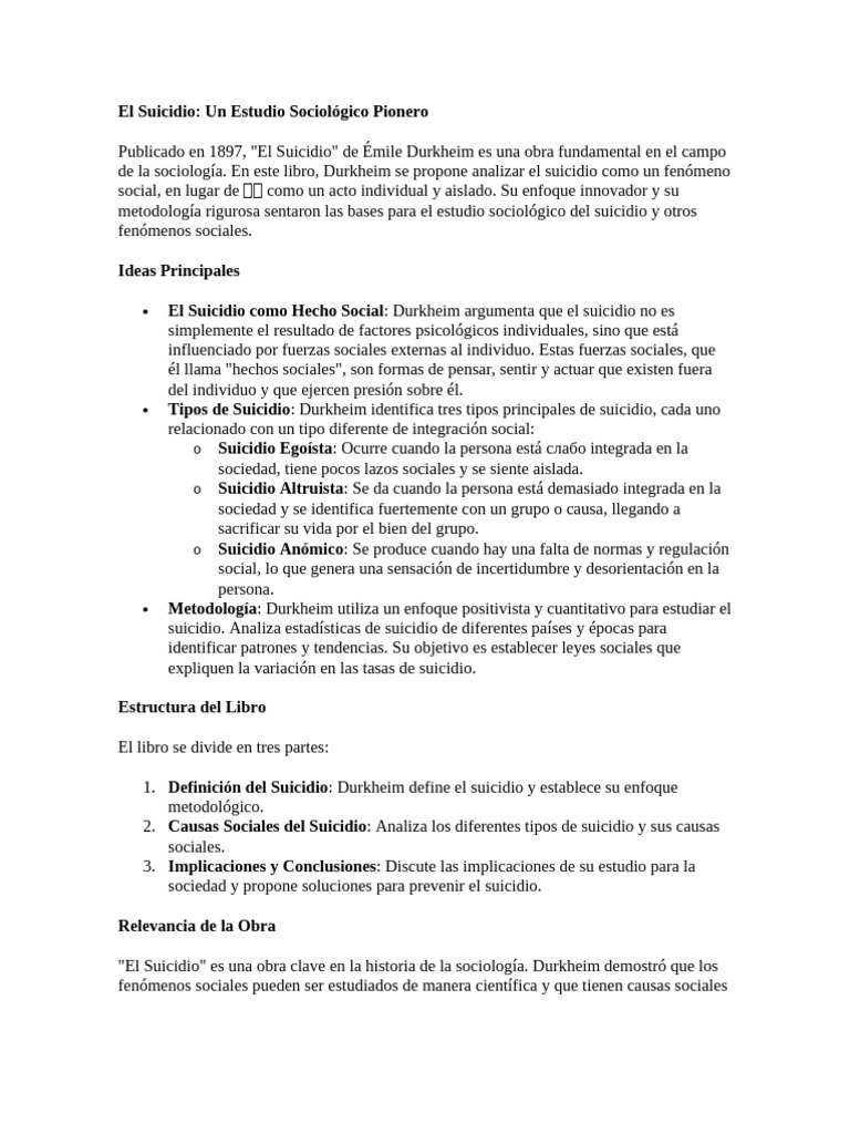 El Suicidio de Durkheim: Análisis Social | PDF | Emile Durkheim | Suicidio