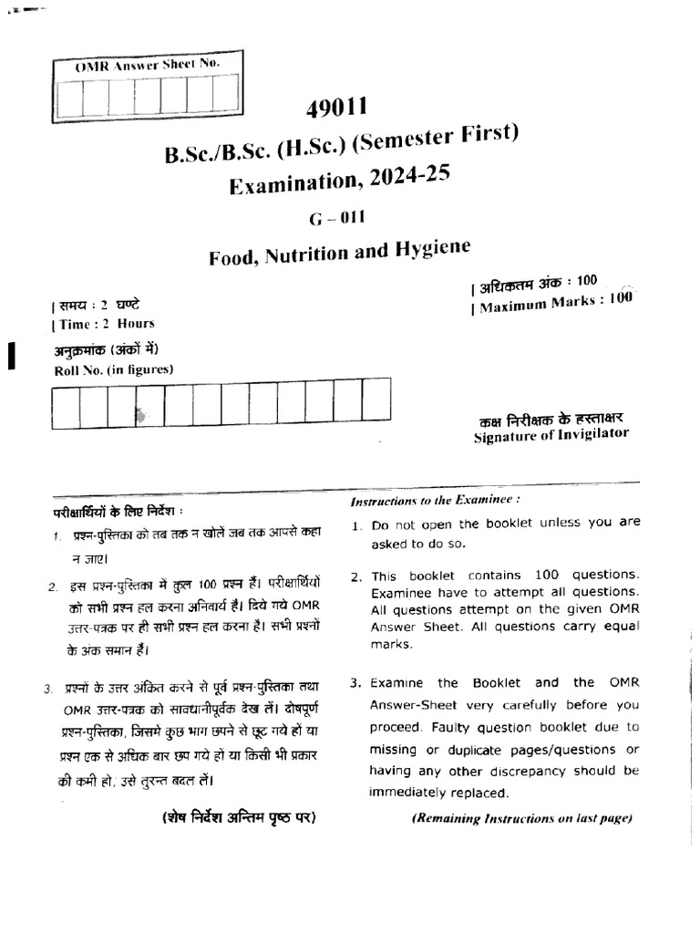 BSC 1 Sem Food Nutrition and Hygiene 49011 2025 | PDF