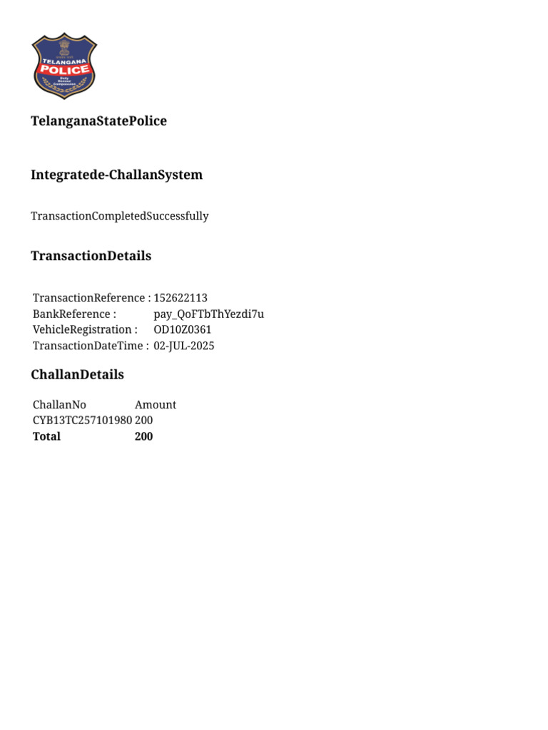 Telangana Police e-Challan Transaction | PDF