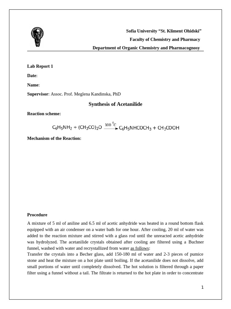 Acetanilide Synthesis Lab Report | PDF