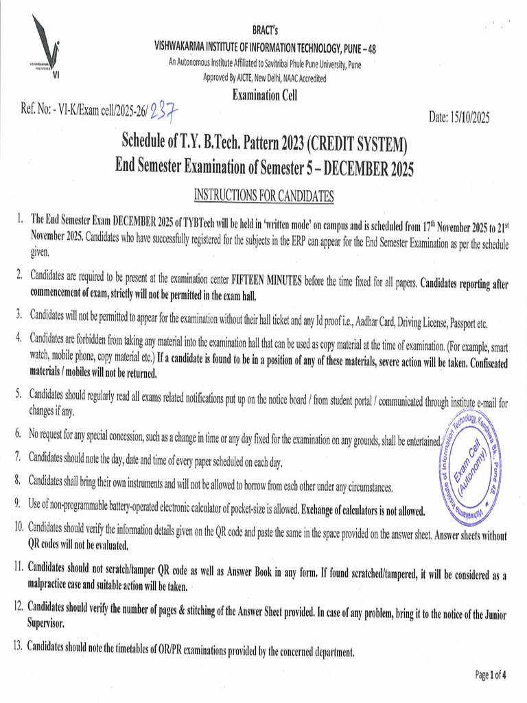 TYBTech (Pattern 2023) Schedule of ESE SEM 5 DEC 2025 AY 2025-26 | PDF