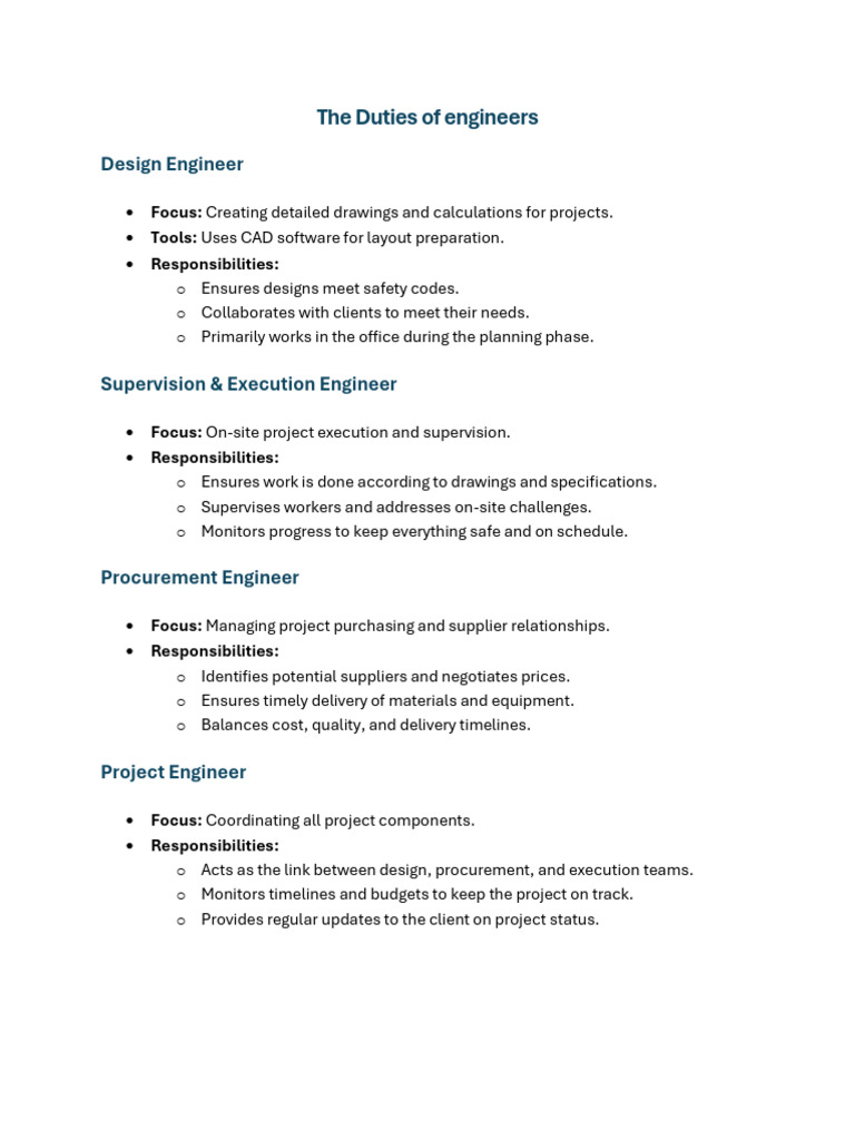 Key Roles and Responsibilities of Engineers | PDF
