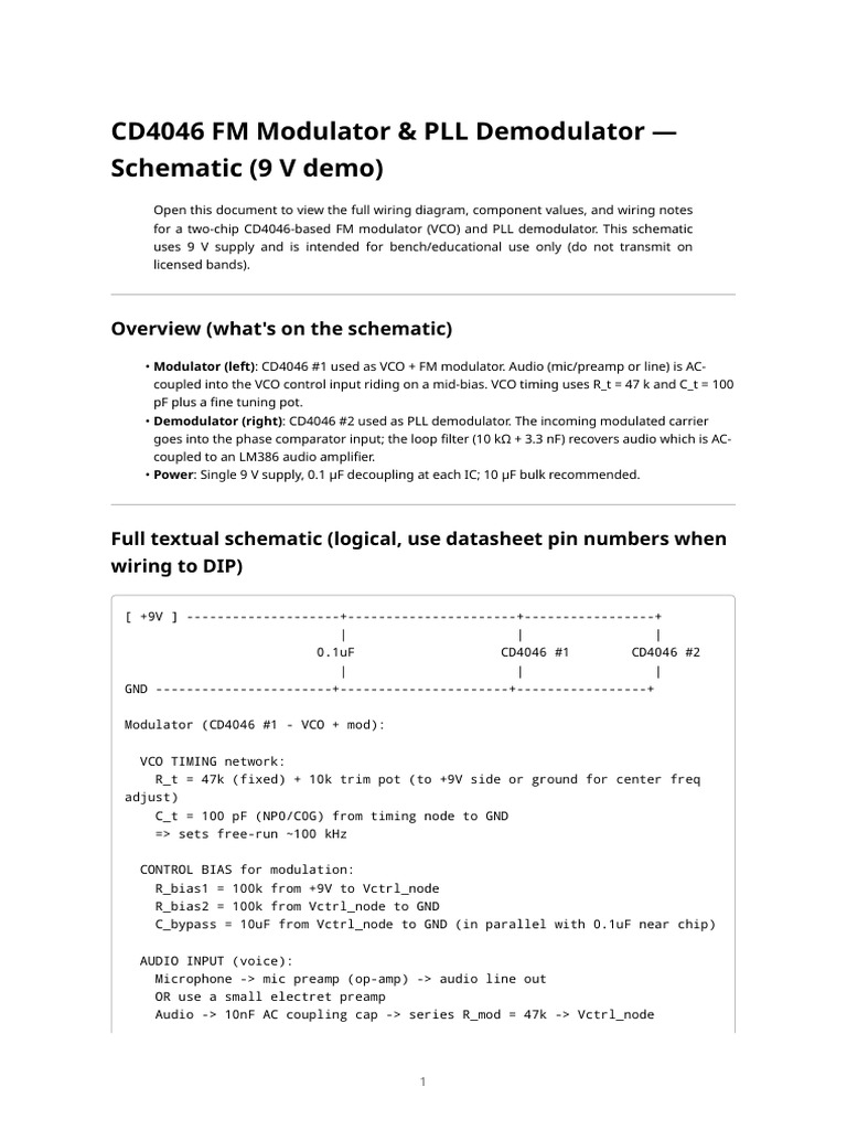 CD4046 FM Modulator & Demodulator Schematic | PDF | Electrical ...