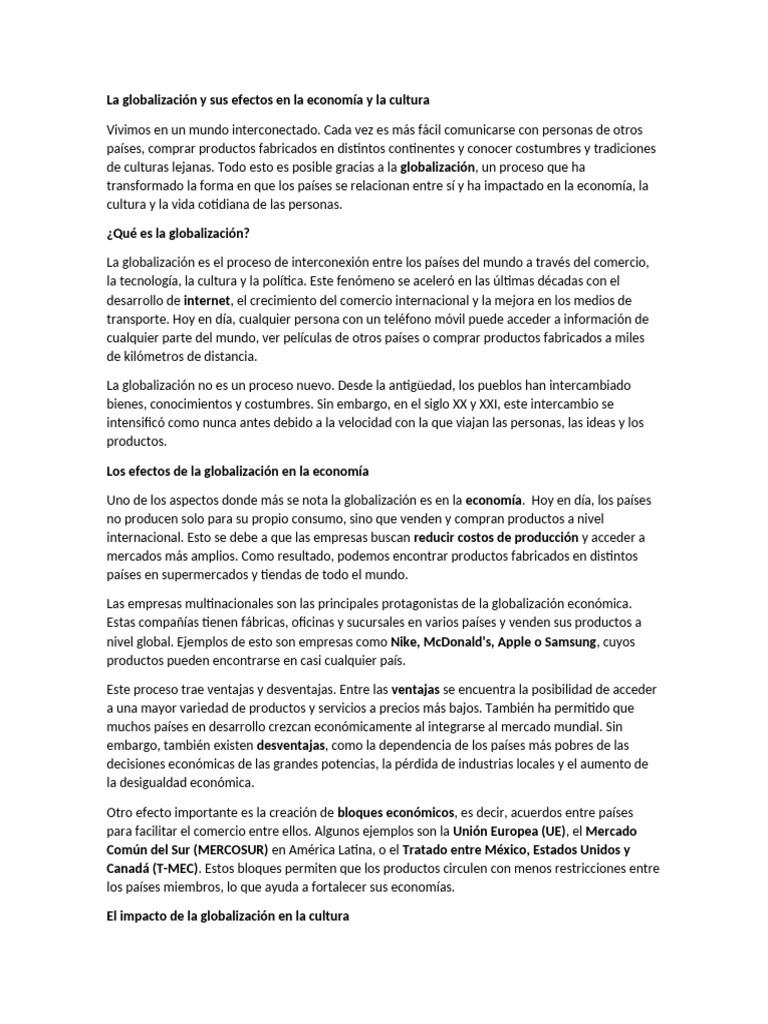 Efectos de la Globalización en Economía y Cultura | PDF | Globalización ...
