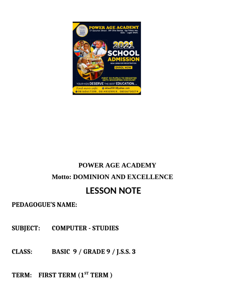 JSS3 Computer Studies First Term Notes | PDF | Databases | Spreadsheet