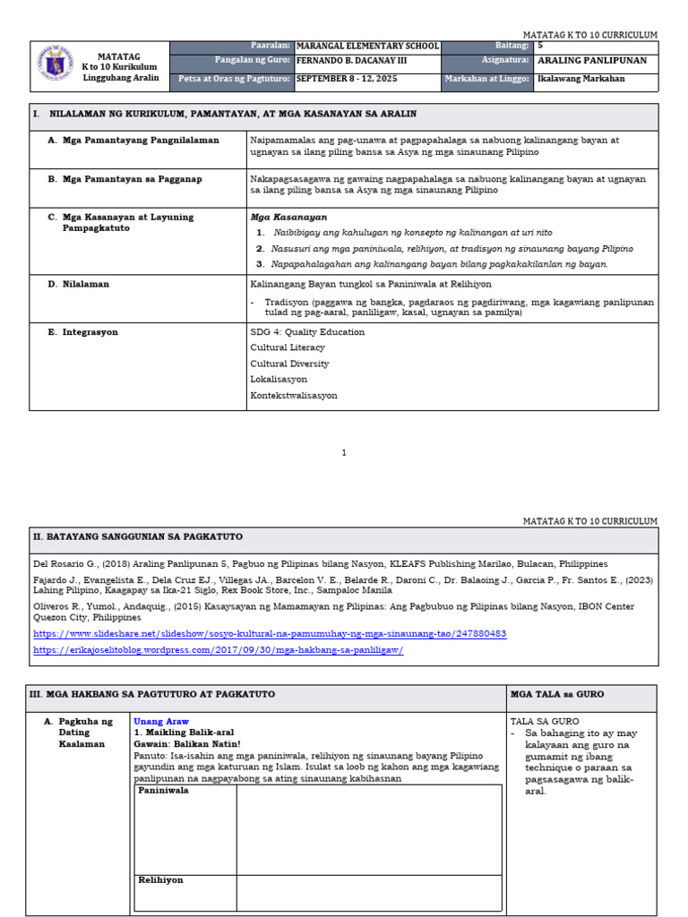 DLL Matatag - Ap 5 q2 w2 | PDF