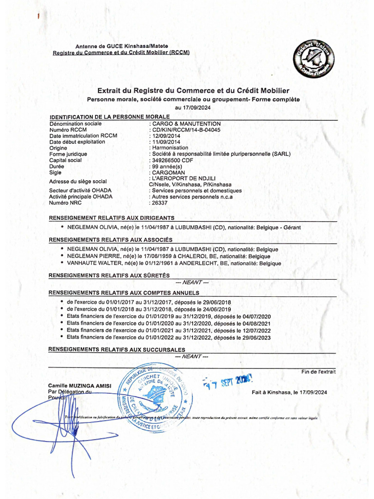 Extrait Du RCCM Cargoman Le 17 Septembre 2024 - 22-01-2025!12!17 | PDF