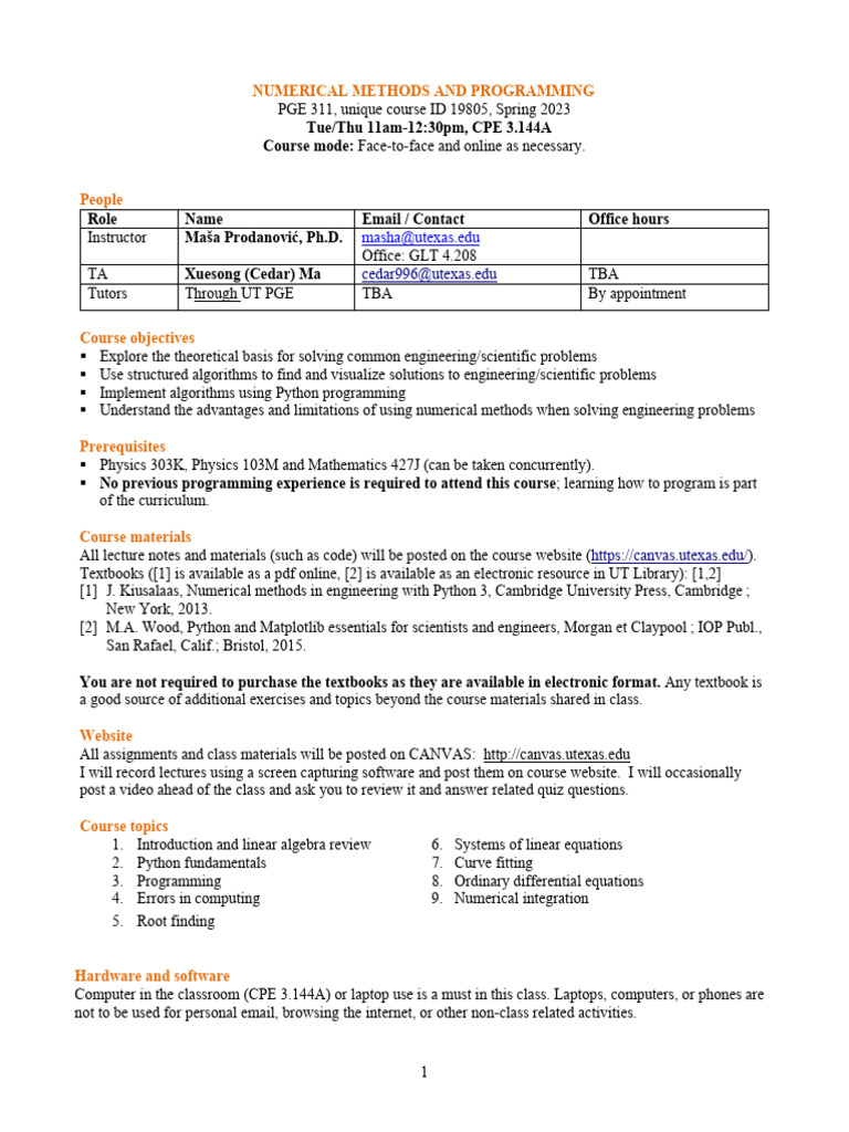 PGE 311 Numerical Methods Syllabus | PDF | Title Ix | Concealed Carry
