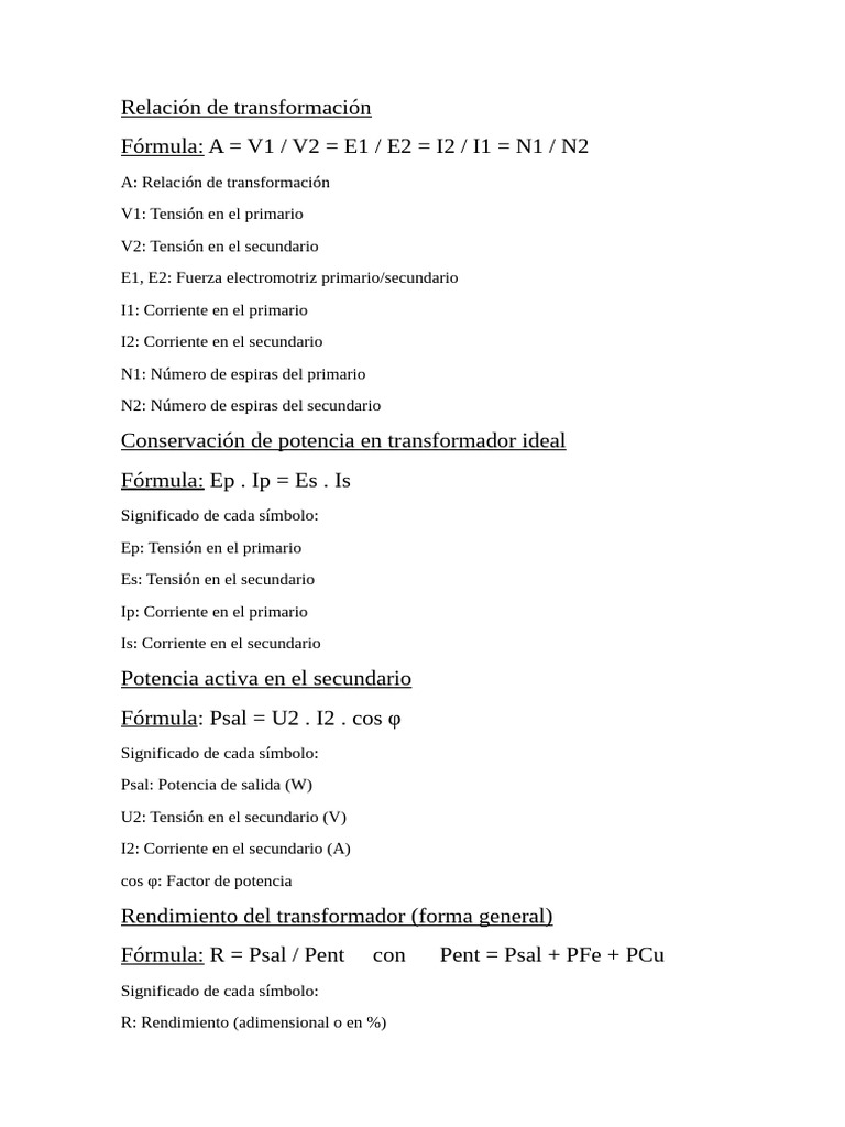 Fórmulas Clave para Transformadores Eléctricos | PDF
