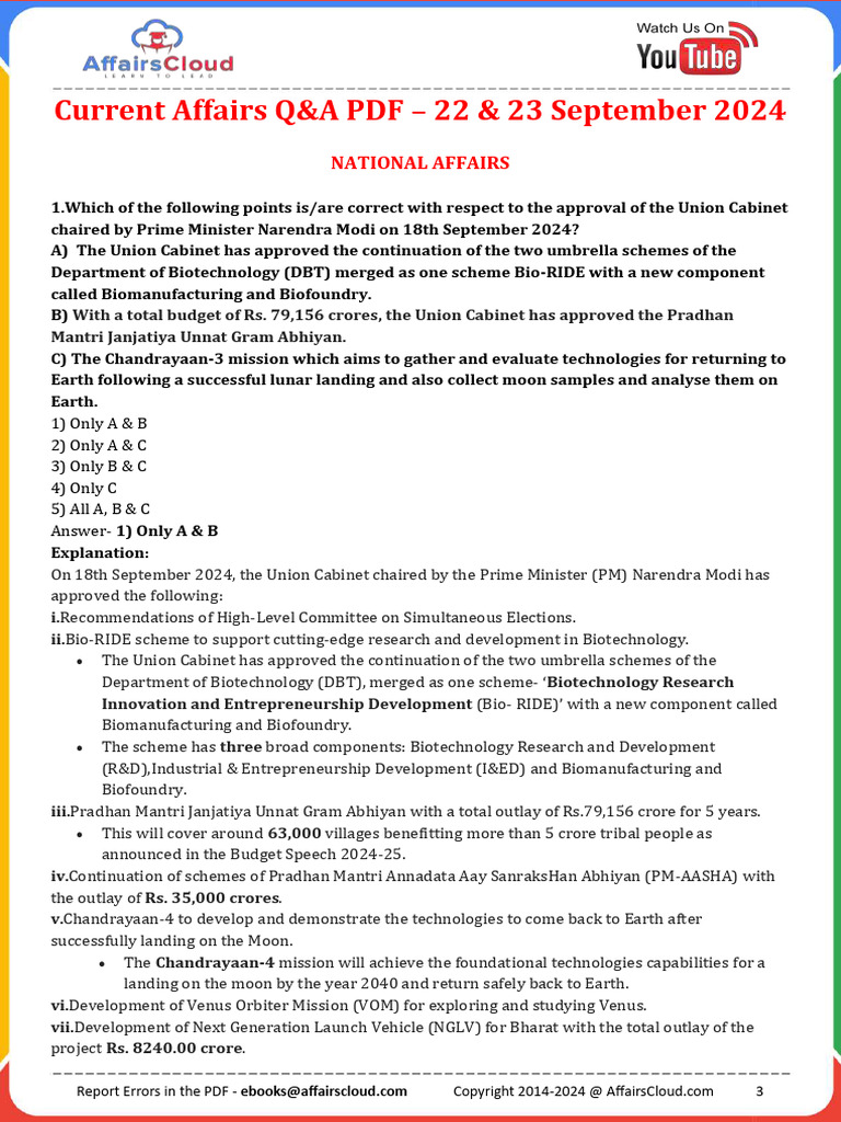 Current Affairs Q&A PDF September 22-23-2024 by Affairscloud 1-3 | PDF ...