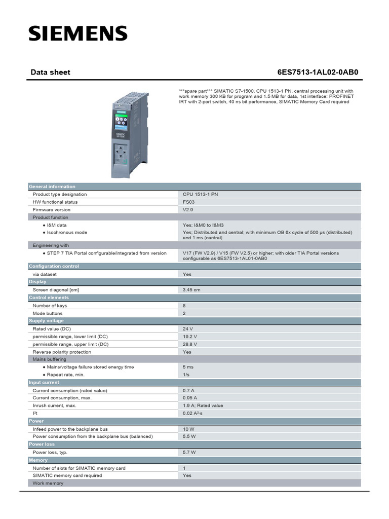 SIMATIC S7-1500 CPU 1513-1 PN Data Sheet | PDF | Communications ...