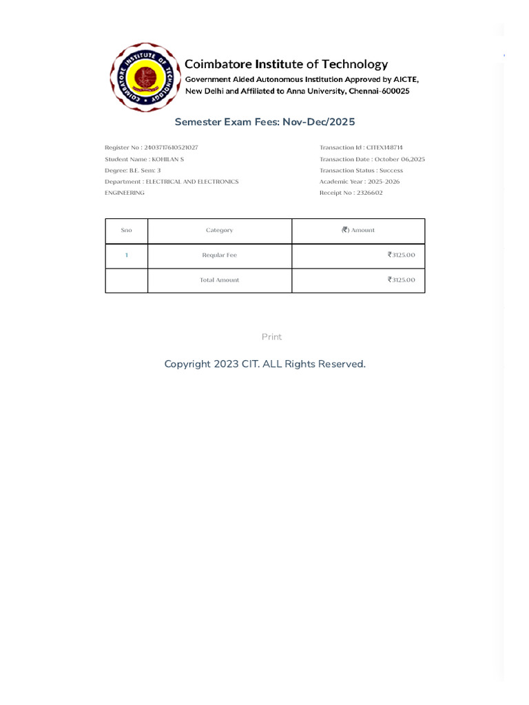 CIT Exam Fee - Coimbatore Institute of Technology in Coimbatore, Tamil ...