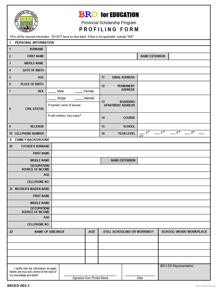 Bro Ed Scholarship Profiling Form | PDF