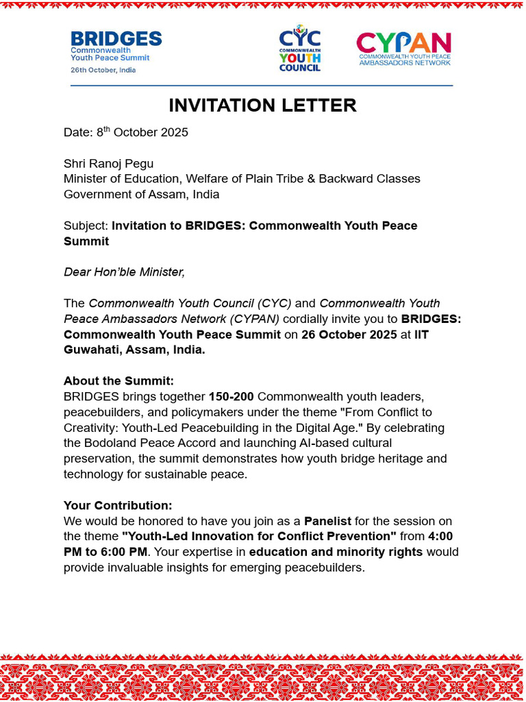 Invitation to Commonwealth Youth Peace Summit | PDF
