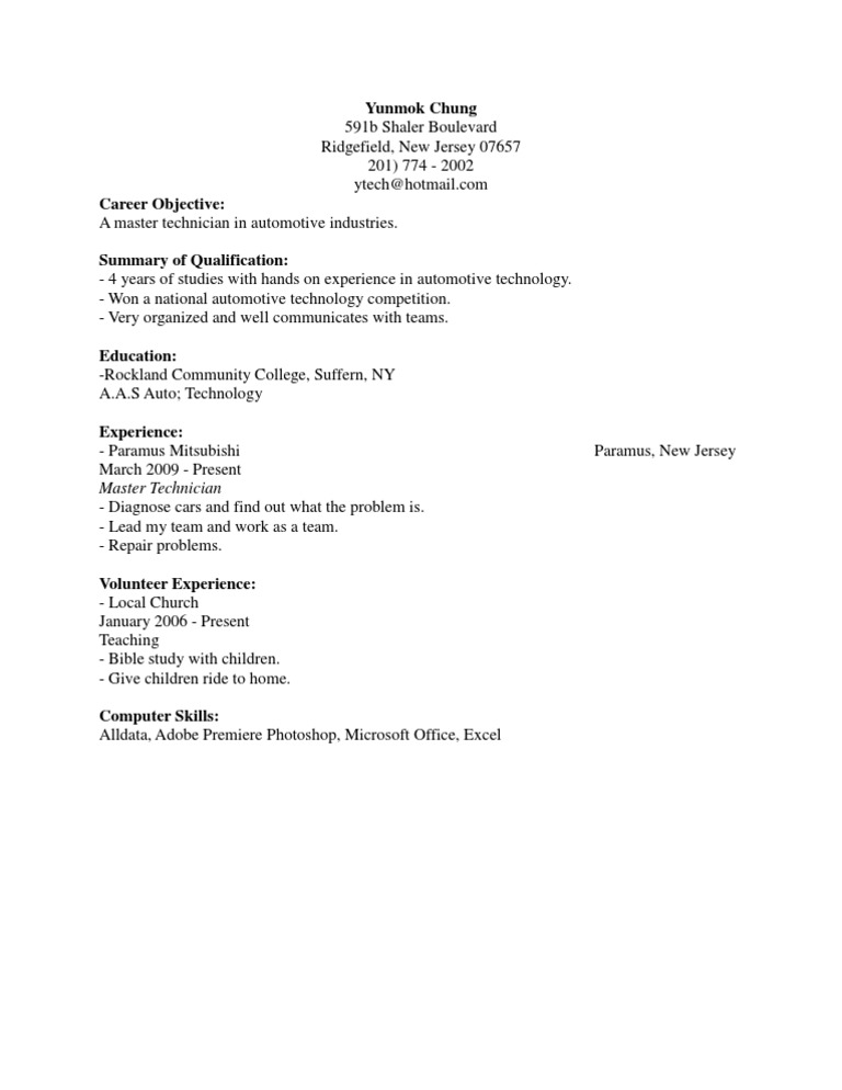 Master Technician Resume: Yunmok Chung | PDF | Career & Growth | Business