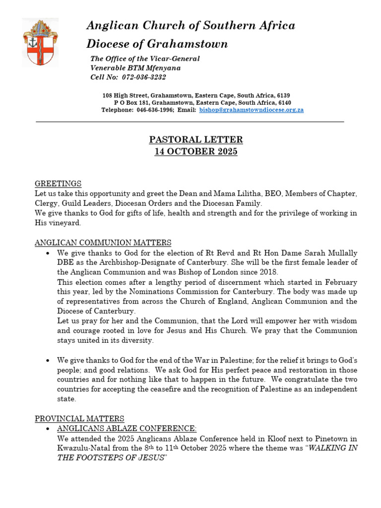 Diocese of Grahamstown Pastoral Letter | PDF | Diocese | Christian ...