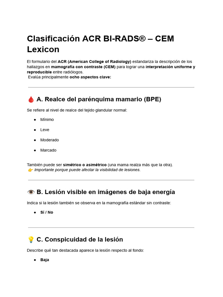 Clasificación ACR BI-RADS® - CEM Lexicon | PDF | Mamografía | Pecho