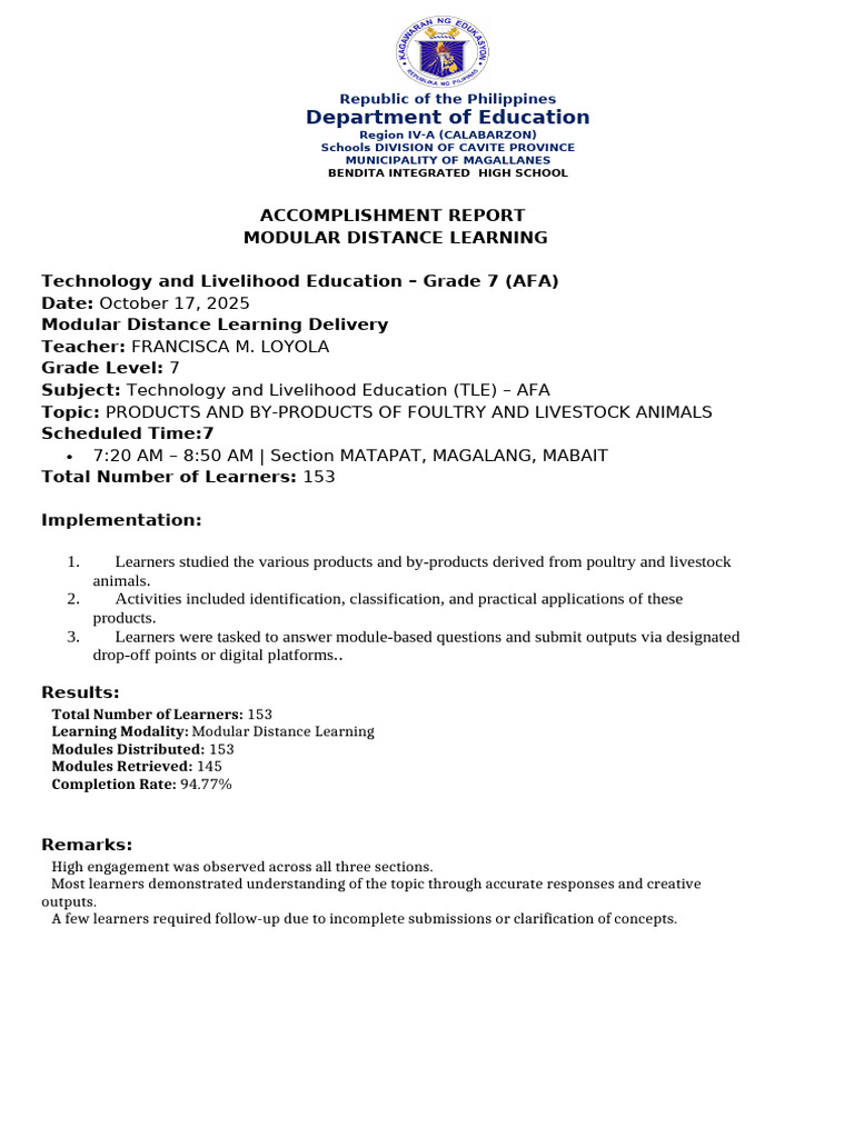Tle 7 Accomp Rep On MDL October 17 | PDF | Learning | Cognitive Science