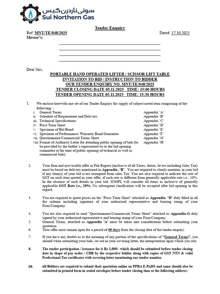 Ref: Dated: 17.10.2025: Tender Enquiry | PDF