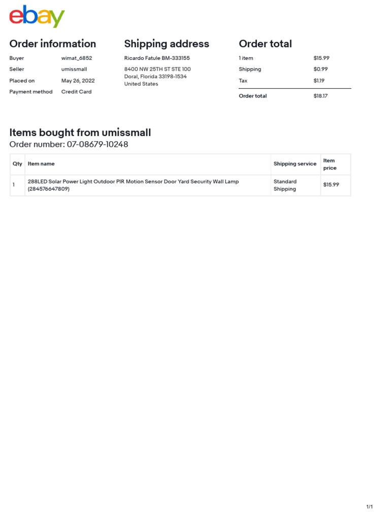 Order Details for Solar Light Purchase | PDF