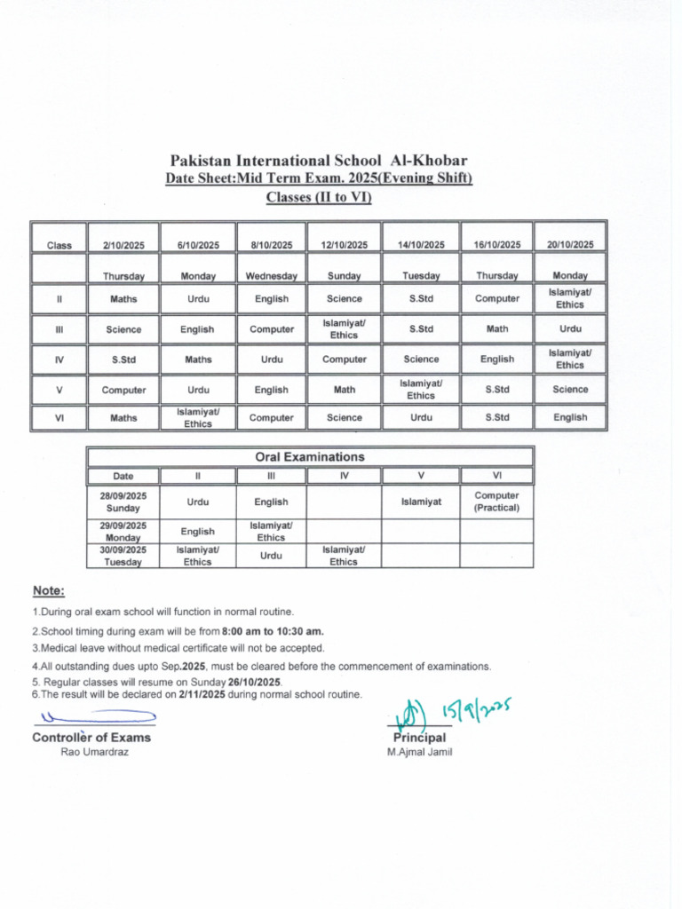 Evening Date Sheet Mid Term 2025 | PDF