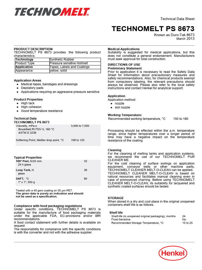 TECHNOMELT PS 8673 Technical Data Sheet | PDF | Shelf Life | Legal ...