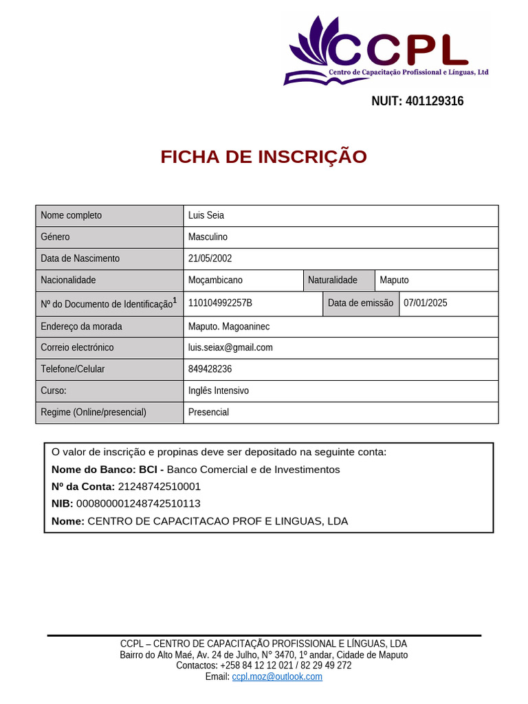 CCPL - Ficha de Inscrição | PDF