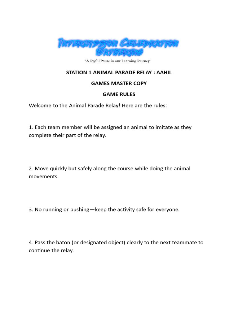 Station 1 Animal Parade Relay Rules | PDF